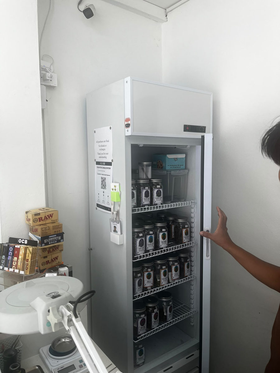Cannabis flower kept in closed containers inside the CannaMed OG refrigerator