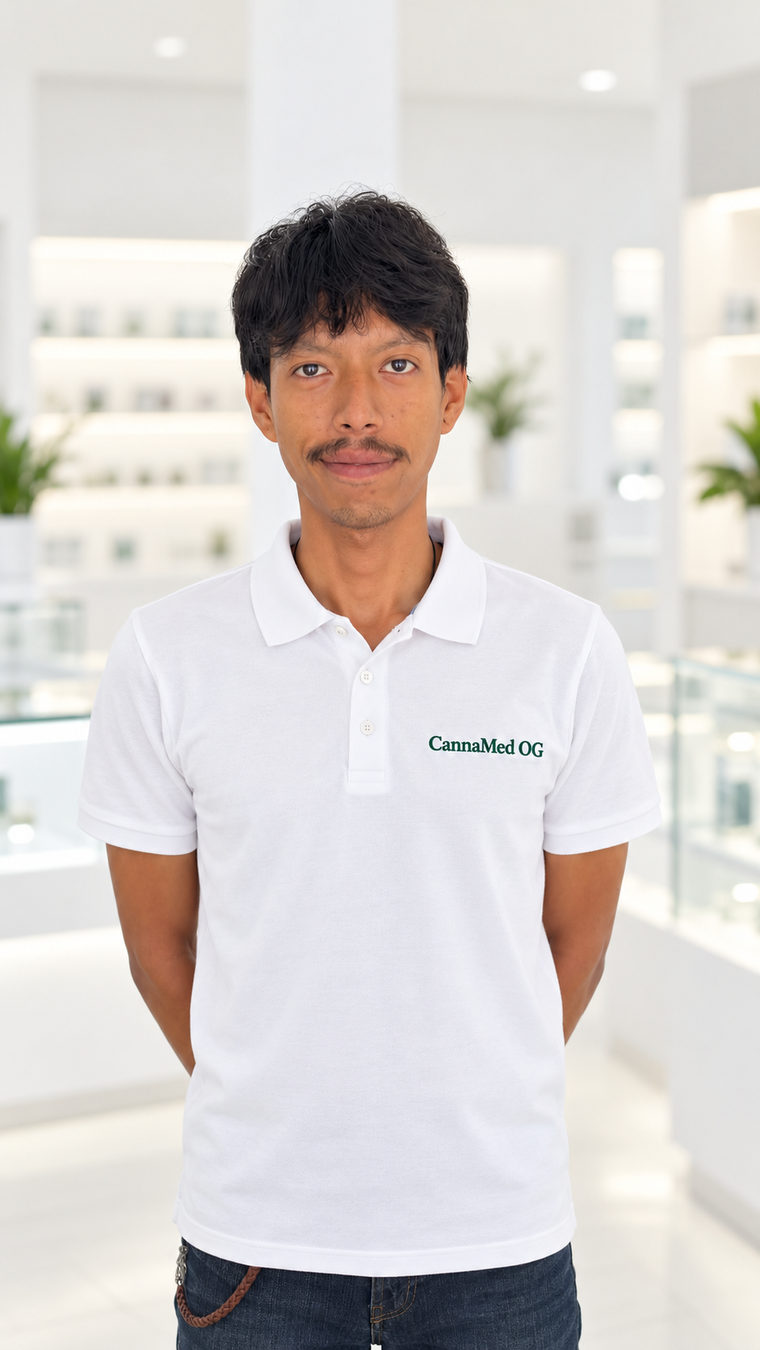 Jock, budtender at CannaMed OG, in the white team uniform